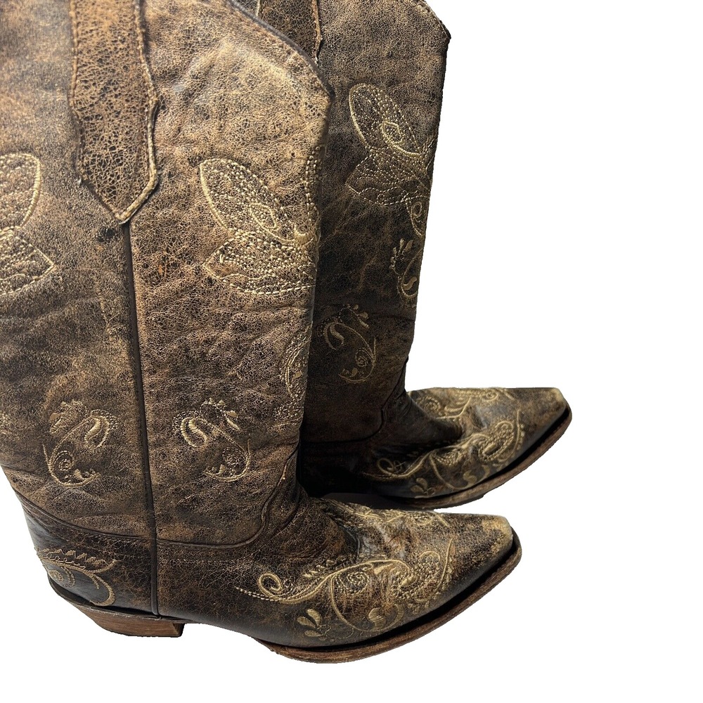 Circle G Women's‎ Cowgirl Boots 6.5 M Brown Dragonfly Stitch Distressed Rodeo